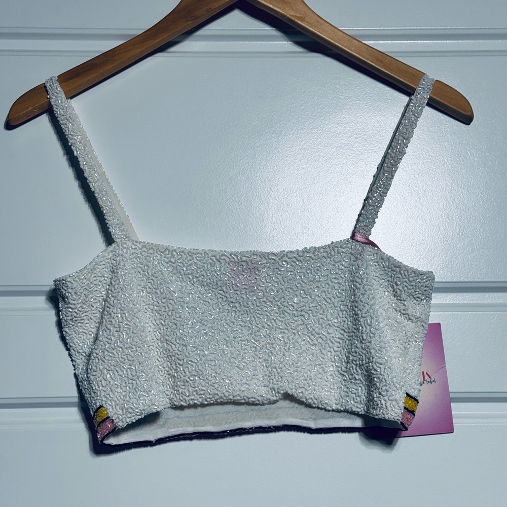 NWT Oceanus Mei White Glass Beaded Crop Top Size L - Picture 2 of 5